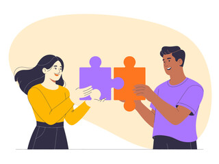 An engaging image of two diverse individuals enthusiastically connecting puzzle pieces, representing teamwork, collaboration, and the fusion of ideas in a vibrant, joyful setting.