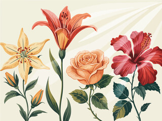 A beautiful arrangement of various flowers including lilies, roses, and hibiscus highlighted with vibrant colors and natural elements, perfect for floral design enthusiasts.