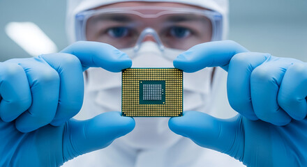 A person in protective gear carefully holds a computer processor chip.