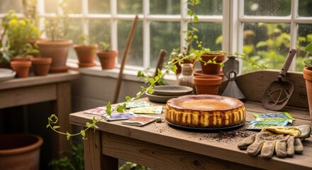 A delicious baked cheesecake sits on a rustic wooden table in a sunlit greenhouse, surrounded by gardening tools and terracotta pots, evoking a sense of home baking and springtime