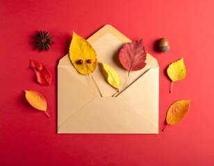 Colorful autumn leaves arranged around an open envelope against a vibrant red backdrop