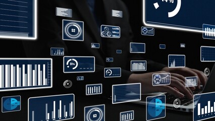 Engage with this captivating image showcasing a futuristic business data analysis environment with a digital dashboard and statistical graphs against a dark backdrop. Xenic