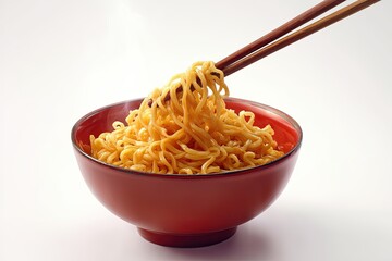 Golden Noodles in Red Bowl: A vibrant close-up captures a delightful bowl of golden noodles, expertly held by chopsticks. showcasing the allure of Asian cuisine.