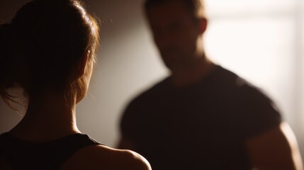 personal trainer explaining posture to client, gym lighting