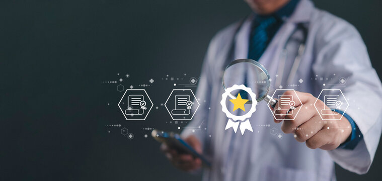 Doctor holding magnifying glass showing certification badge medical certificate healthcare compliance digital award qualification hospital standard assurance concept innovation.