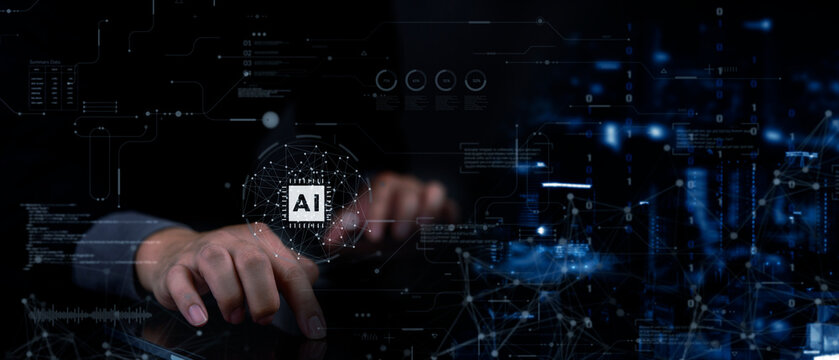 Businessman hand touching AI artificial intelligence icon. Digital technology, virtual interface, machine learning, neural network. Big data analysis dashboard,  business innovation strategy.
