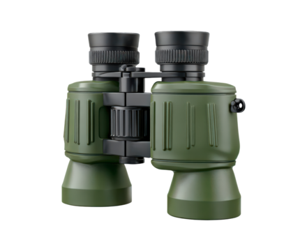 Green binoculars for outdoor exploration and adventure enthusiasts on transparent background
