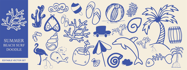 Summer Beach Surf Doodle Vector Set  Hand-drawn Tropical Coastal Elements for T-shirts, Posters & Prints