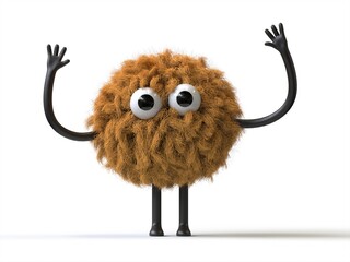 Fluffy, cute monster with raised arms, symbolizing excitement or victory. 3D rendering, conceptual image. Isolated on white background. © Jane