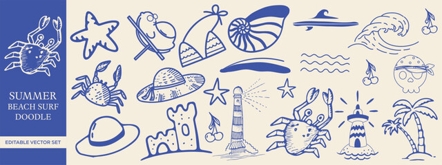 Summer Beach Surf Doodle Vector Set - Hand-drawn Tropical and Oceanic Elements for T-shirts, Posters & Prints
