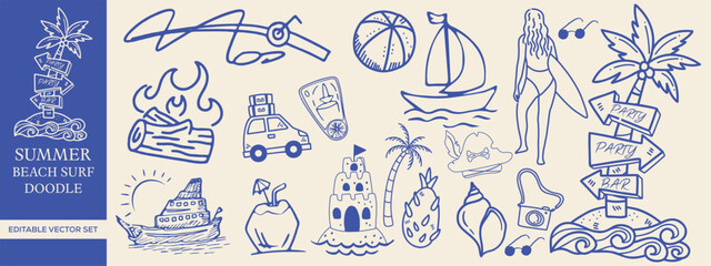 Summer Beach Surf Doodle Vector Set  Hand-drawn Tropical Coastal Elements for T-shirts, Posters & Prints