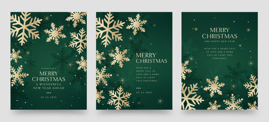 Luxury Green and Gold Christmas Greeting Poster — Elegant Snowflake Winter Holiday Vector Template