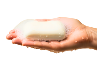 Hand holding a bar of soap with suds isolated on transparent background