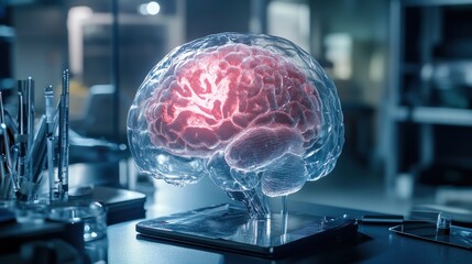 Transparent brain model with glowing neural activity displayed in a laboratory setting, showcasing advanced scientific research and technology concepts