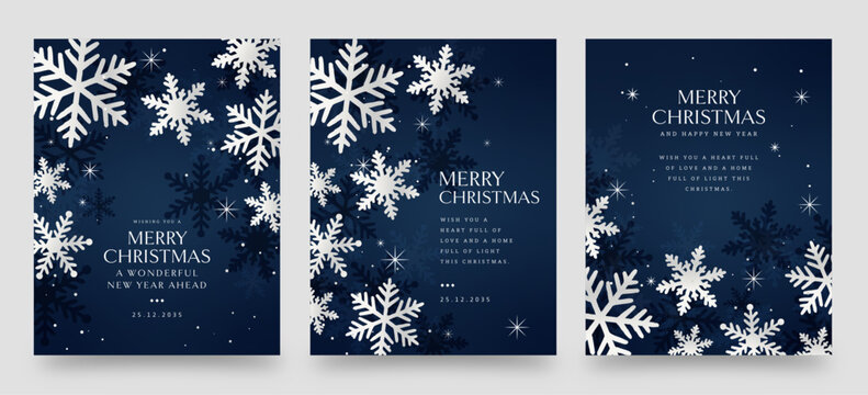 Elegant Blue and White Christmas Poster &mdash; Winter Snowflake Holiday Vector Greeting Card Template