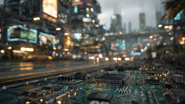 Futuristic Cityscape: Digital Construction Rising from Circuit Board Foundations
