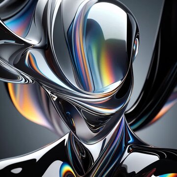 Futuristic chrome abstract 3D shape with reflective curves and liquid-like textures on gradient background