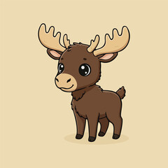 Cute cartoon moose standing with a friendly, happy expression. Adorable woodland animal illustration perfect for kids books, posters, stickers, nursery decor, and educational materials.