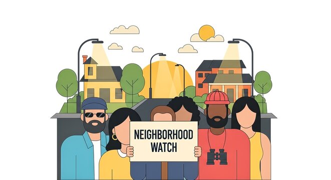 Diverse Neighborhood Watch Group Holding Sign in Suburban Street Scene