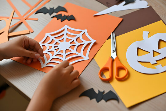 Close-up of children's hands that create paper crafts for Halloween. Homemade decorations for the holiday.