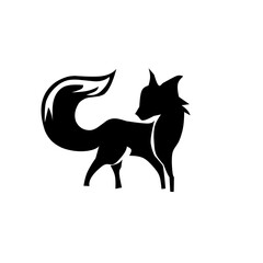 A striking, elegant silhouette of a black fox or wolf standing with a large, bushy, curled tail. A clever, majestic, and modern animal icon for branding.