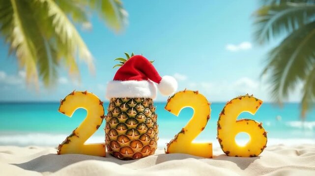 2026 numbers against tropical beach with palm trees, pineapple in Santa's hat instead of zero, festive holiday concept of travel brands and christmas promotions. - Powered by Adobe