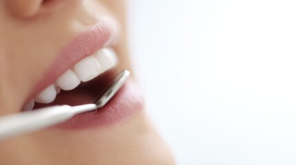 dentist examining woman s teeth, dental tools visible, clean white background