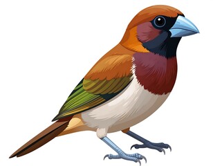Colorful illustrated bird with detailed feathers, light beak, and a clean white background