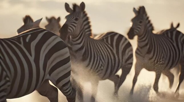 A herd of zebras running through tall grass in a savannah at sunset with warm tones suitable for wildlife photography.