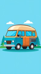 Colorful illustrated campervan parked near trees under a bright blue sky with fluffy white clouds