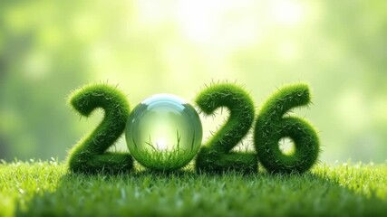 2026 numbers made of grass with transparent sphere on green eco background. environmental concept of sustainability brands and earth day promotions. - Powered by Adobe