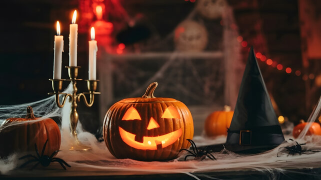 Halloween Still Life Colorful Theme: Scary Decorated Dark Room with Table Covered in Spider Webs, Burning Pumpkin, Candlestick, Witch's Hat and Skeleton. In Background Silhouette of Monster Walking By