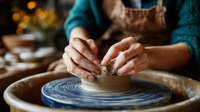 Adult learning pottery at studio wheel, hands shaping clay, self care, crafts, pottery class, creativity, slow living, tactile, artisan, with copy space - Powered by Adobe