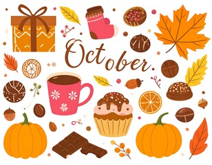 Colorful autumn-themed illustration featuring various elements associated with fall and October