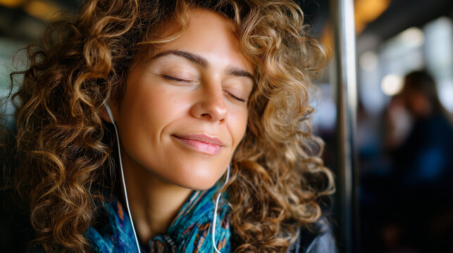 Woman listening to calming playlist with eyes closed on busy subway, self care, music, mindfulness, public space, noise canceling, serenity, commute, with copy space