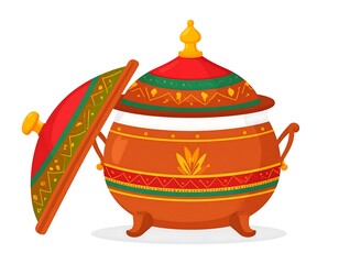 Colorful illustrated clay pot with lid off to the side, decorated with ornate designs