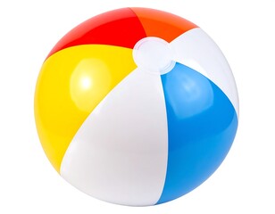 Colorful beach ball with sections of red, orange, yellow, white, and blue, isolated on white