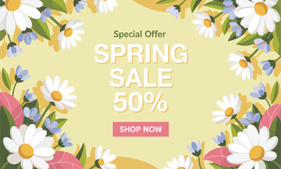 A vibrant spring sale banner filled with cheerful flowers invites shoppers to enjoy discounts, blending seasonal beauty with a fresh promotional message in a climactic style.