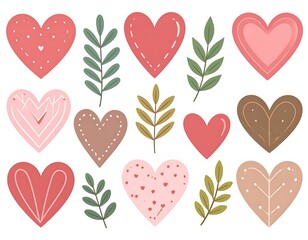 Colorful illustrated collection of hearts and leaves in different styles and shades, ideal for design