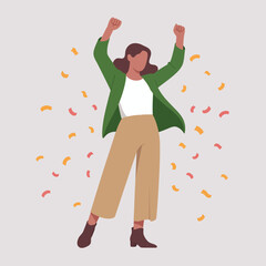 A joyful woman raising her arms in celebration surrounded by colorful confetti, symbolizing happiness, success, and the thrill of achievement in life and personal milestones.