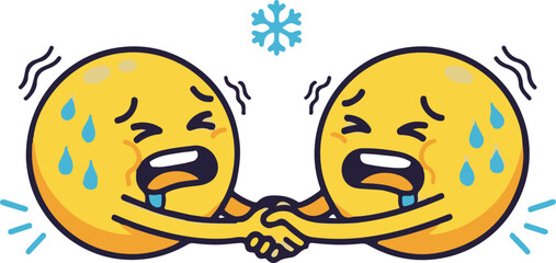 Cartoon Yellow Emojis Shivering and Sweating, Holding Hands Together