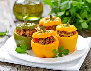 Colorful bell peppers stuffed with a savory filling, arranged on a white plate