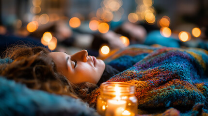 Candlelit restorative yoga savasana group, blankets and bolsters, self care, deep rest, restoration, nervous system, community calm, with copy space