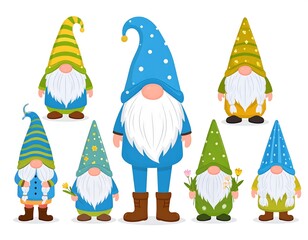 Colorful illustrated collection of playful gnomes with long beards and pointed hats on white