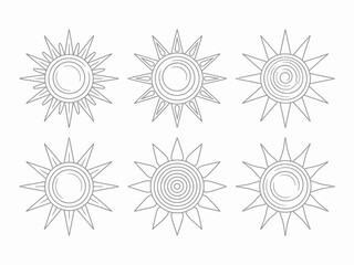 This collection features six unique sun designs, showcasing various artistic styles from minimalist to intricate, representing warmth, positivity, and energy in a captivating way.