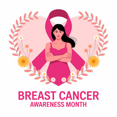 This illustration represents a strong woman with arms crossed, surrounded by pink flowers and a heart, symbolizing solidarity in Breast Cancer Awareness Month.