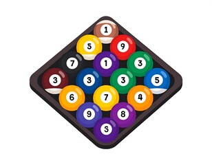 Colorful billiard balls arranged in a triangle on a dark, diamond-shaped rack