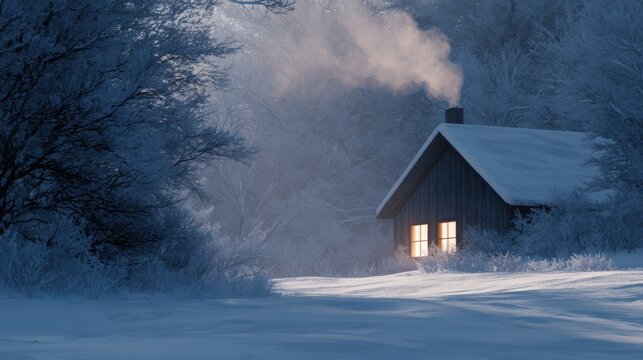 A cozy wooden cabin in the snowy forest at sunrise, warm light glowing from the windows, smoke rising from the chimney, cinematic lighting, ultra realistic, 16:9