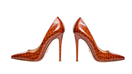 Stylish high heels featuring glossy crocodile pattern in rich brown tones, perfect for elegant occasions and fashion forward looks
