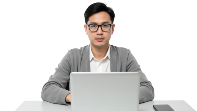 Focused professional man working on laptop, wearing glasses and gray cardigan, sitting at desk with smartphone nearby
